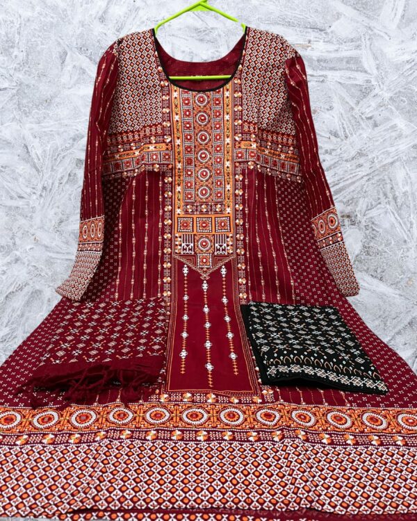 Cotton Block Printed Three Piece Maroon color