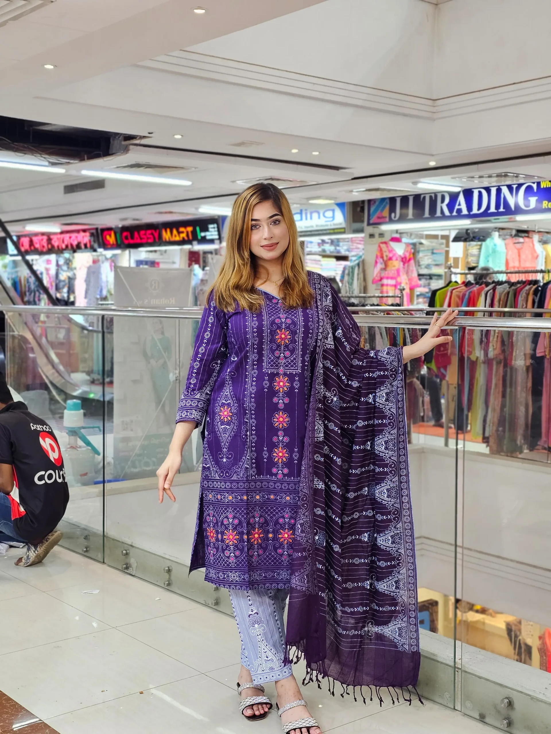 Cotton Block Printed Three Piece purple color