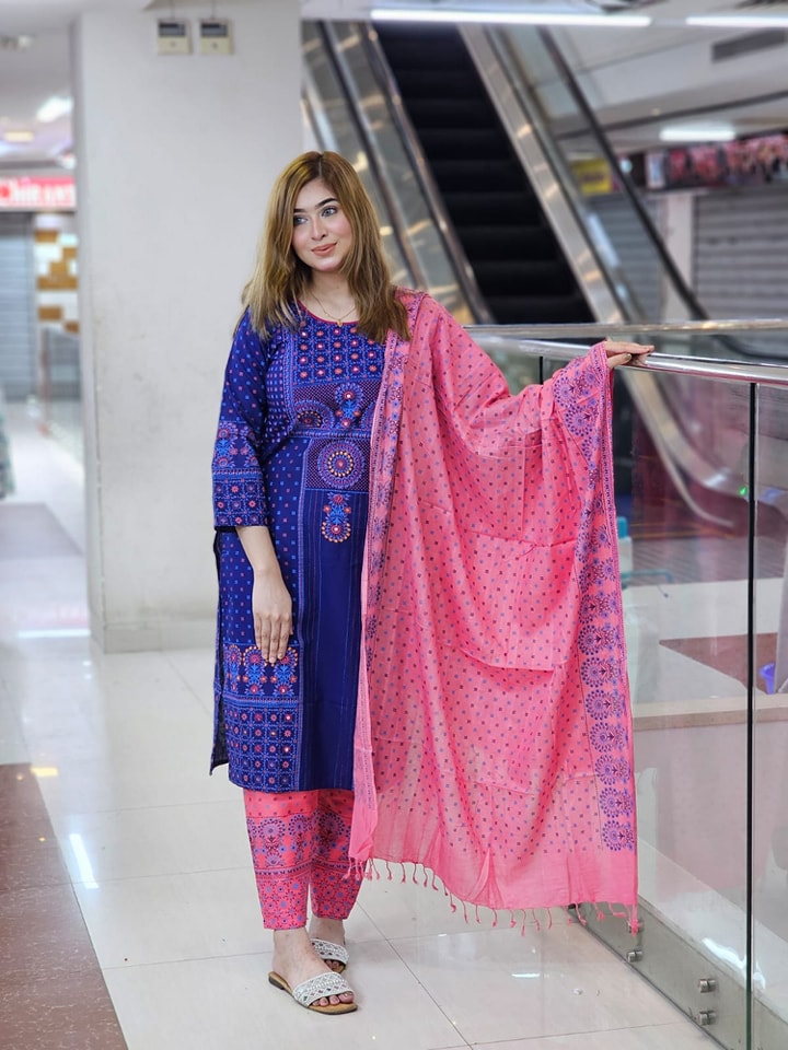 Cotton Block Printed Three Piece Navy Blue