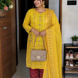 Cotton Block Printed Three Piece Mustard Yellow