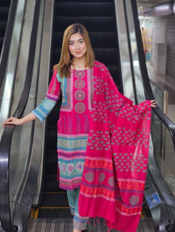 Cotton Block Printed Three Piece Deep Pink