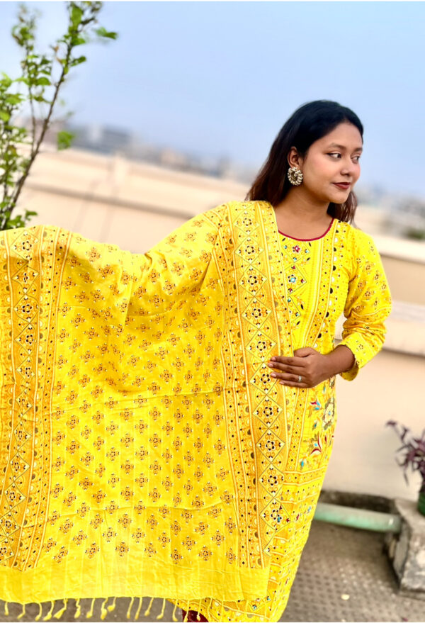 Cotton Block Printed Three Piece Mustard Yellow