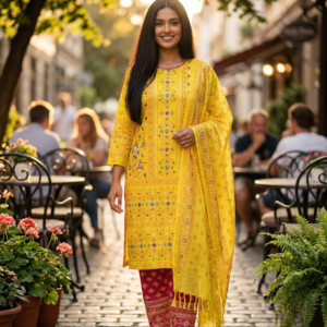 Cotton Block Printed Three Piece Mustard Yellow