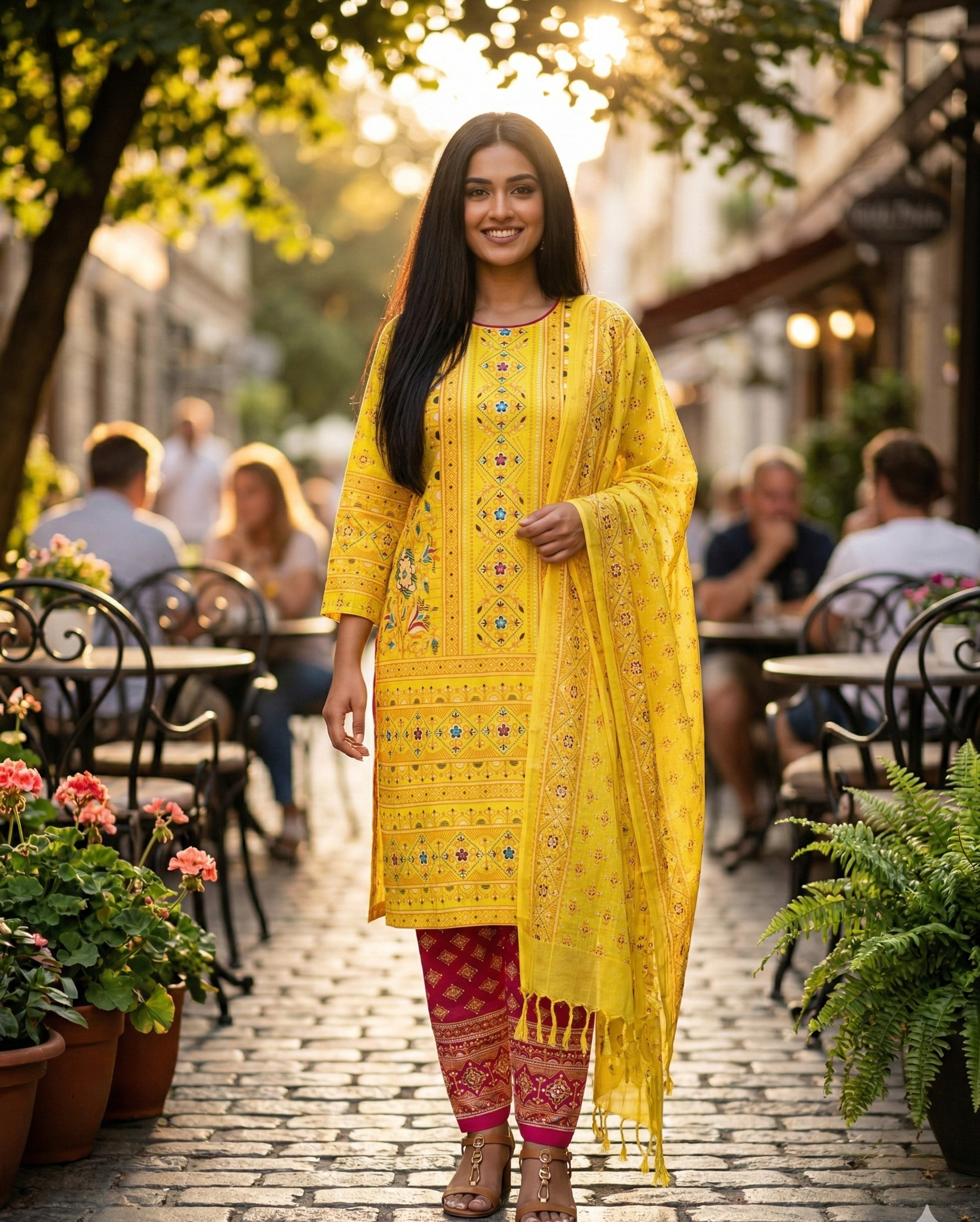 Cotton Block Printed Three Piece Mustard Yellow