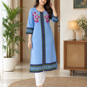 Designed Cotton Light Sky Blue Kameez Kurta