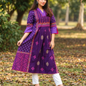 Lavender Block-Print Cotton Kurta – Mirror Work and Embroidery Design